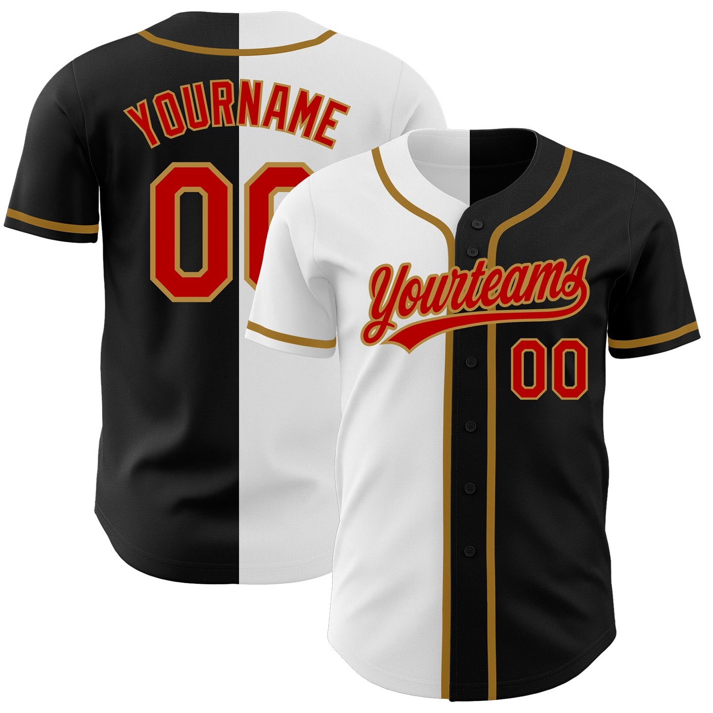 Custom Black Red White-Old Gold Authentic Split Fashion Baseball Jersey - Main View