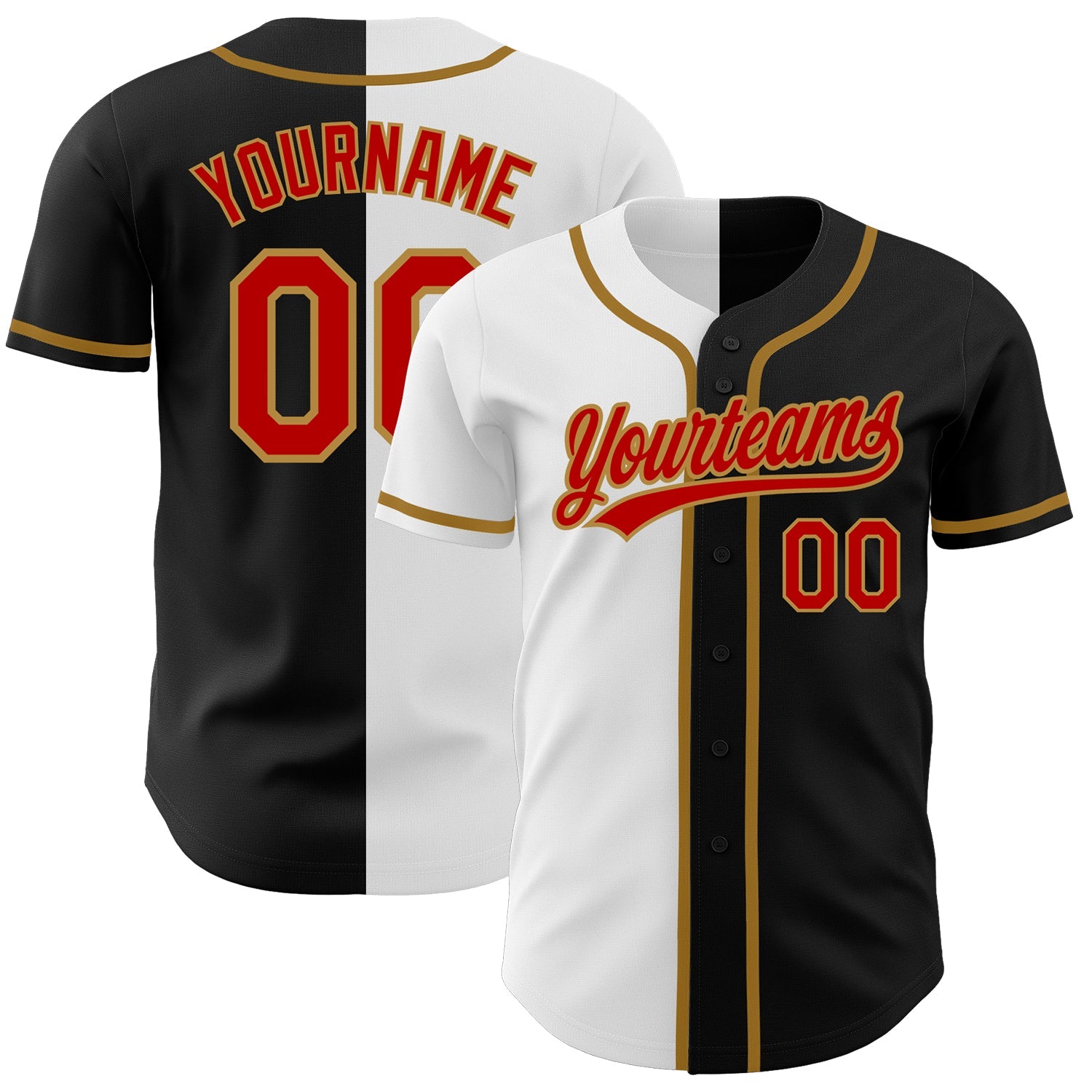 Custom Black Red White-Old Gold Authentic Split Fashion Baseball Jersey - Main View