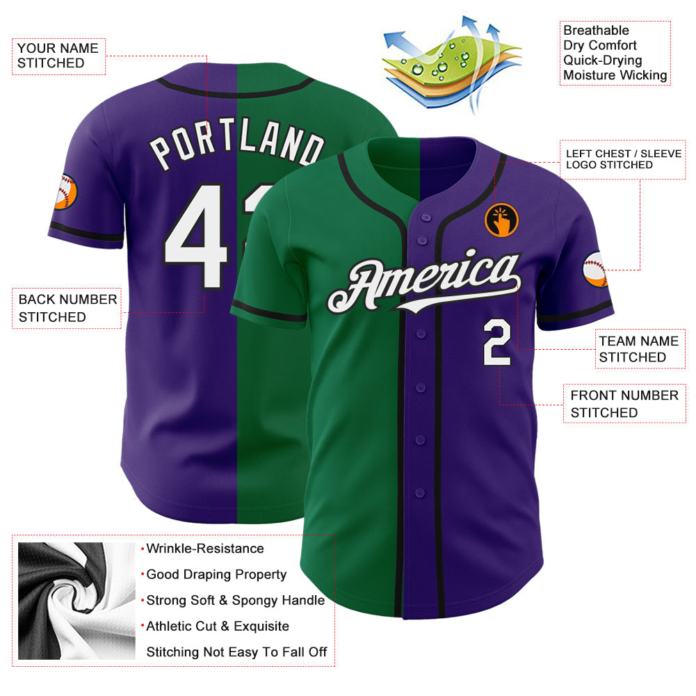 Custom Purple White Kelly Green-Black Authentic Split Fashion Baseball Jersey view 3