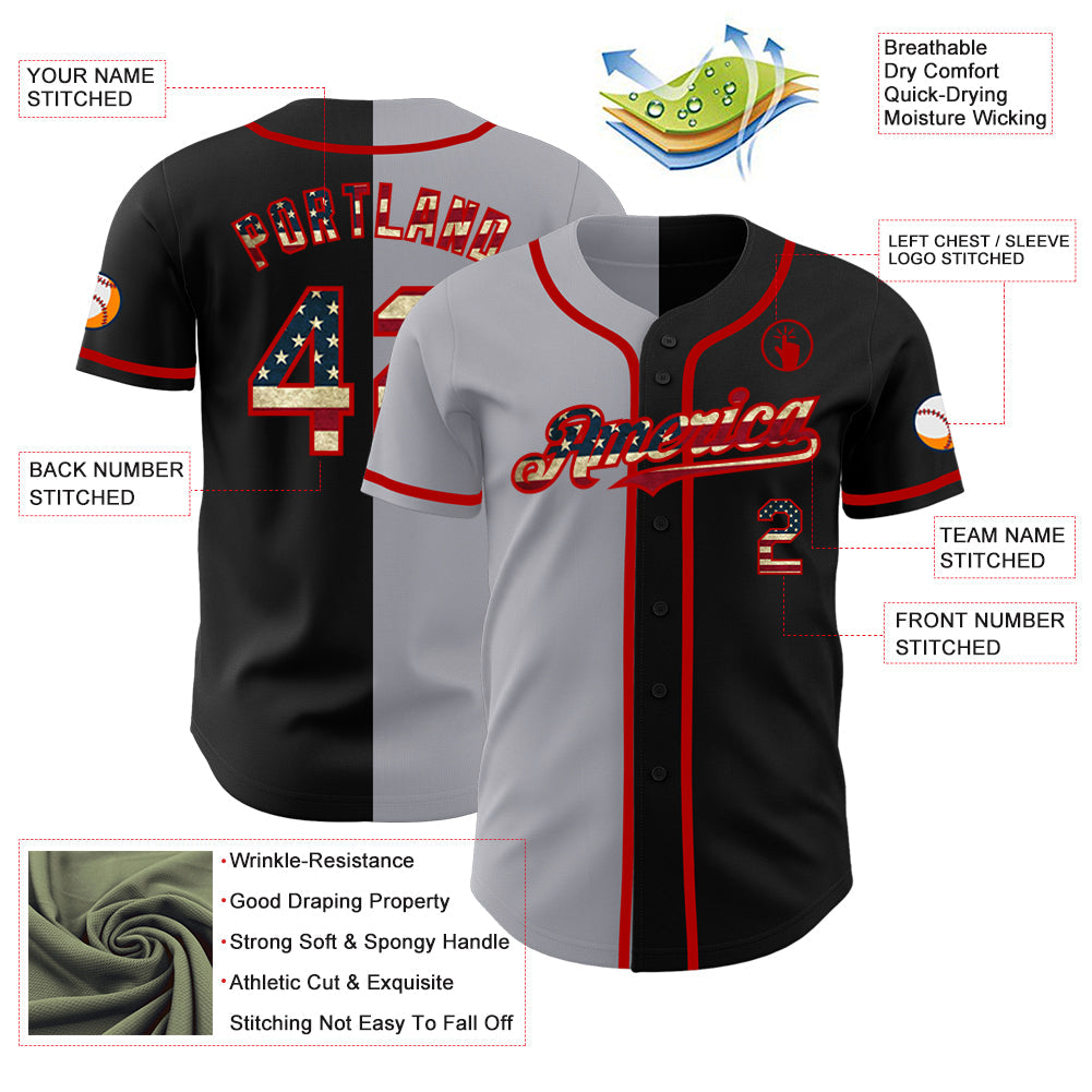 Custom Black Vintage USA Flag Gray-Red Authentic Split Fashion Baseball Jersey view 3
