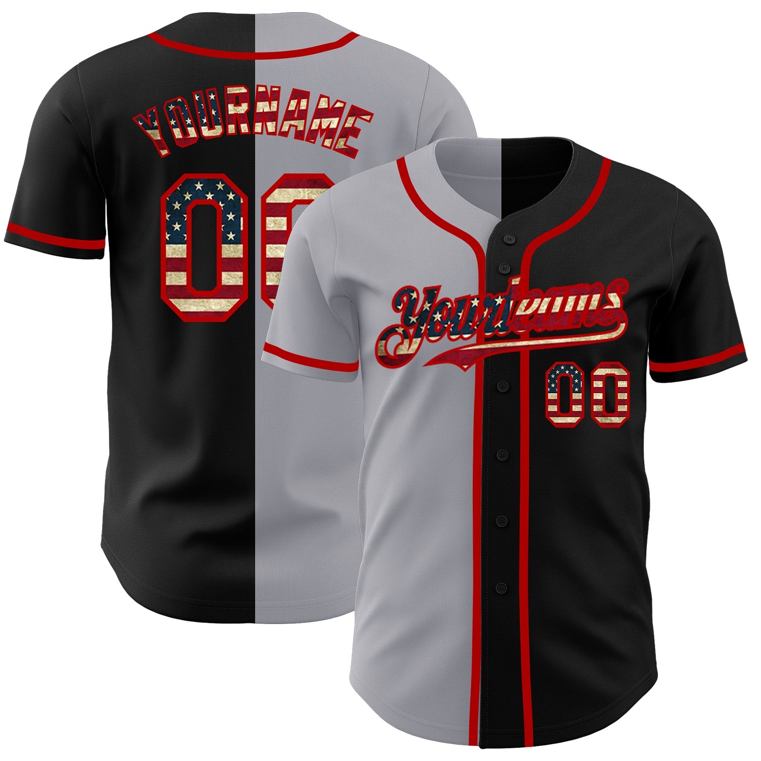 Custom Black Vintage USA Flag Gray-Red Authentic Split Fashion Baseball Jersey - Main View