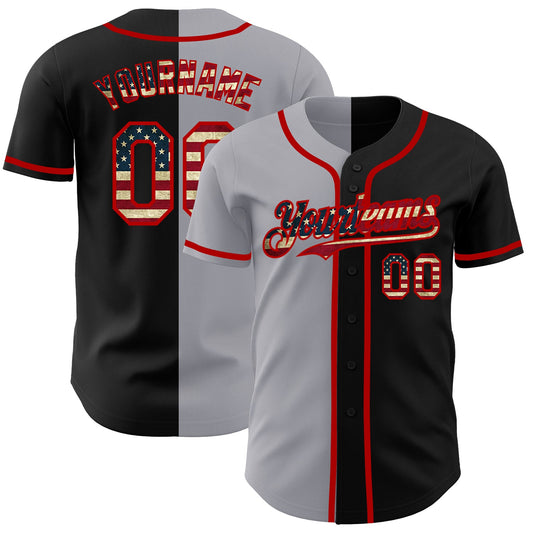 Custom Black Vintage USA Flag Gray-Red Authentic Split Fashion Baseball Jersey - Main View
