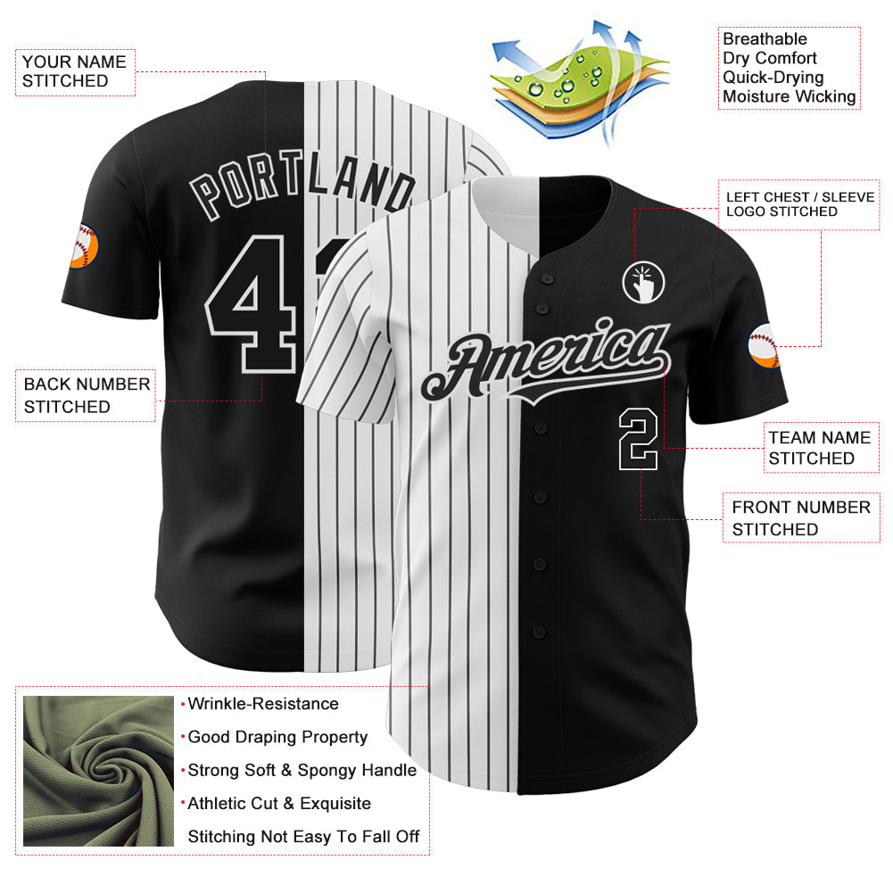 Custom Black White-Black Pinstripe Authentic Split Fashion Baseball Jersey view 3
