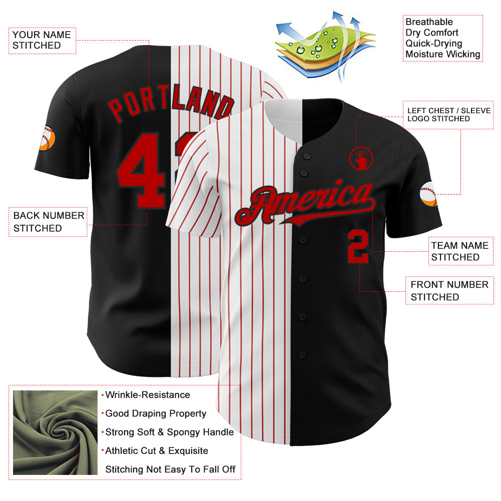 Custom Black White-Red Pinstripe Authentic Split Fashion Baseball Jersey view 3