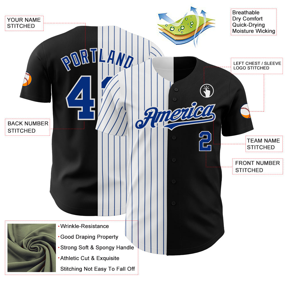 Custom Black White-Royal Pinstripe Authentic Split Fashion Baseball Jersey view 3