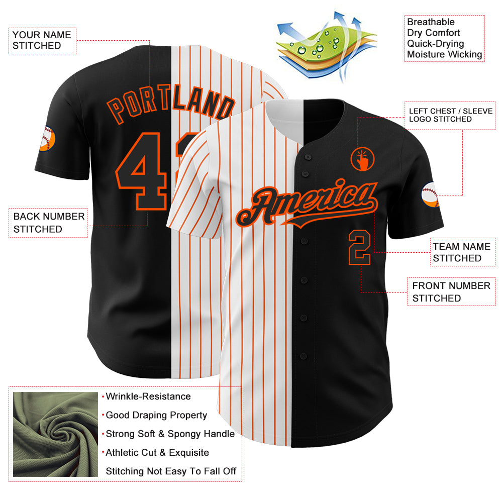 Custom Black White-Orange Pinstripe Authentic Split Fashion Baseball Jersey view 3