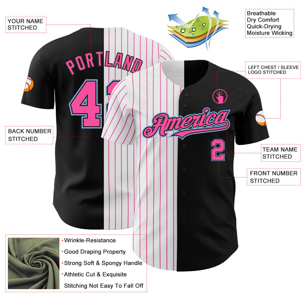 Custom Black Light Blue-Pink Pinstripe Authentic Split Fashion Baseball Jersey view 3