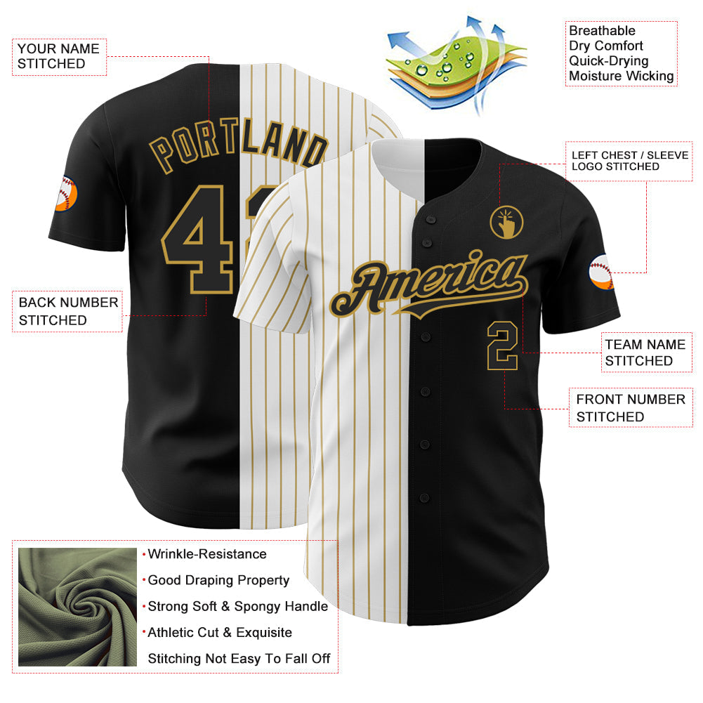 Custom Black White-Old Gold Pinstripe Authentic Split Fashion Baseball Jersey view 3