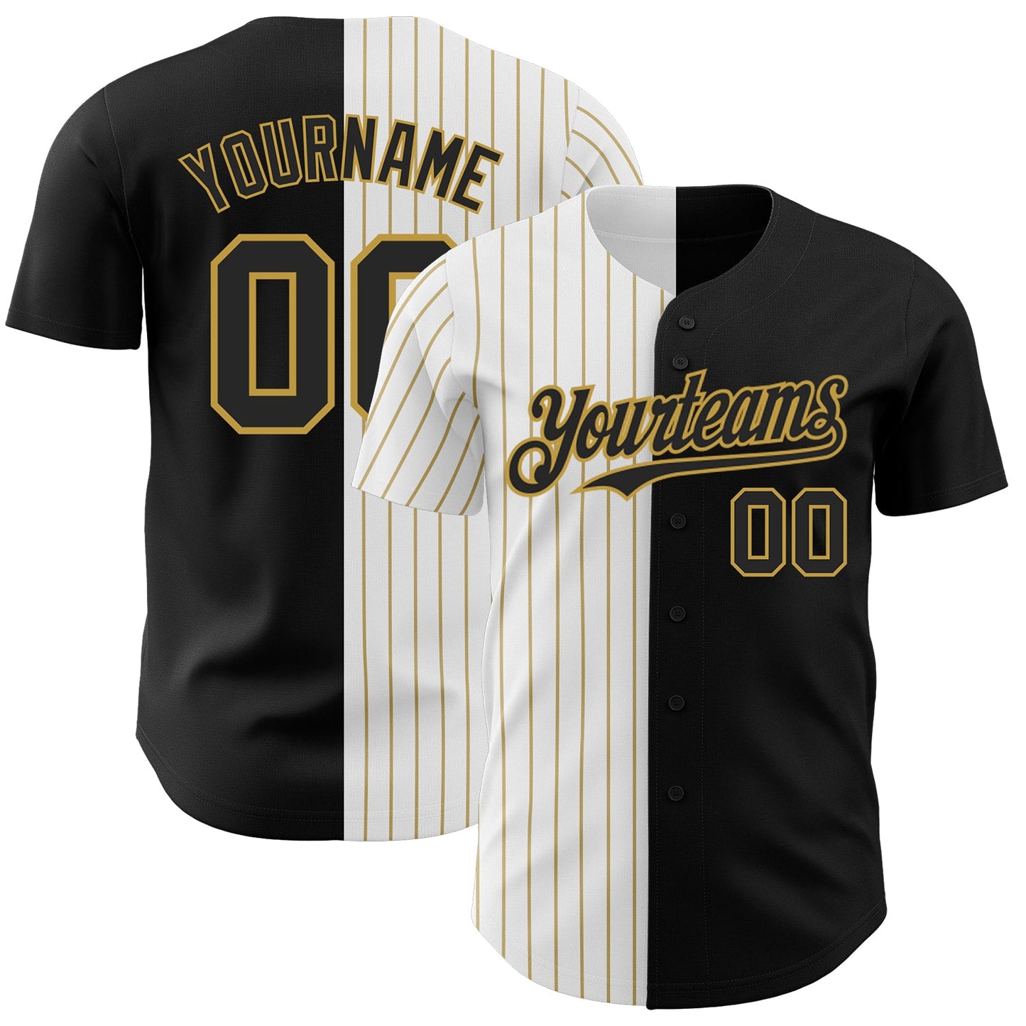 Custom Black White-Old Gold Pinstripe Authentic Split Fashion Baseball Jersey - Main View