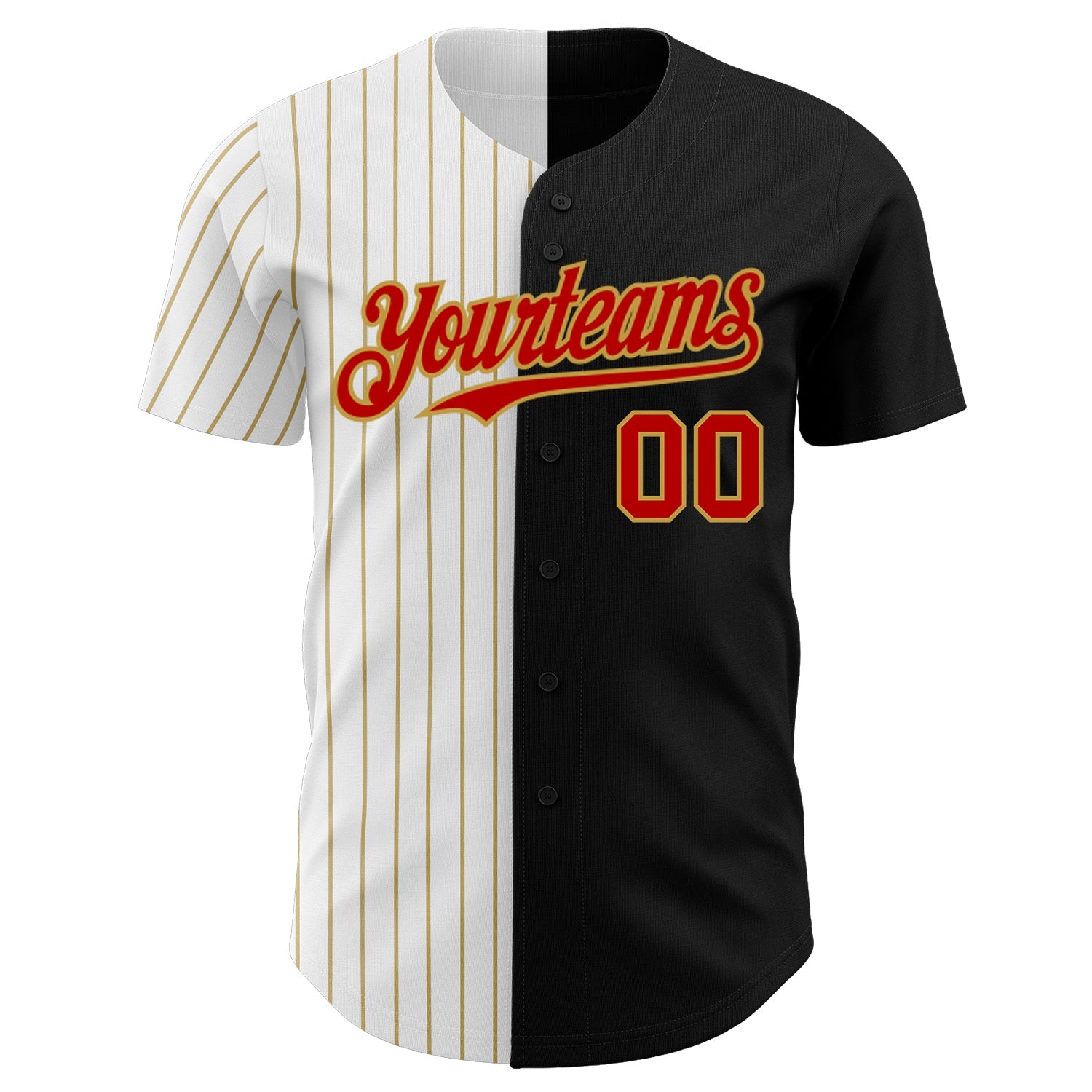 Custom Black Red-Old Gold Pinstripe Authentic Split Fashion Baseball Jersey view 2