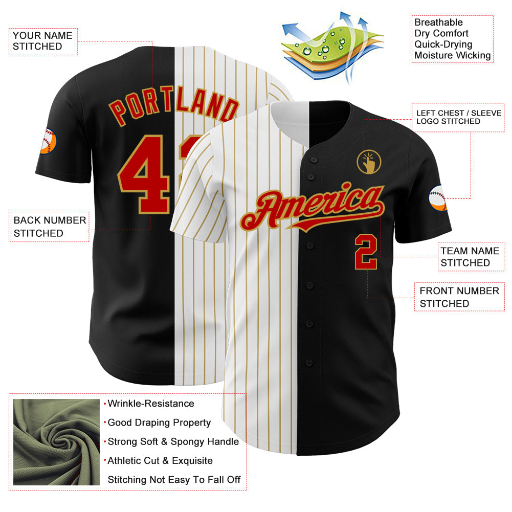 Custom Black Red-Old Gold Pinstripe Authentic Split Fashion Baseball Jersey view 3