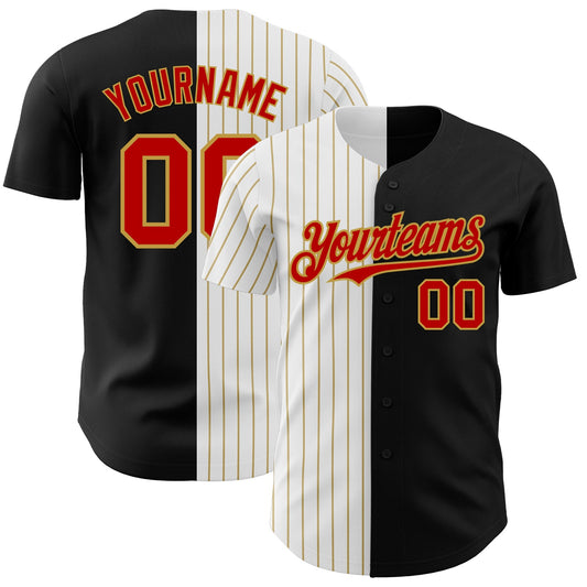 Custom Black Red-Old Gold Pinstripe Authentic Split Fashion Baseball Jersey - Main View