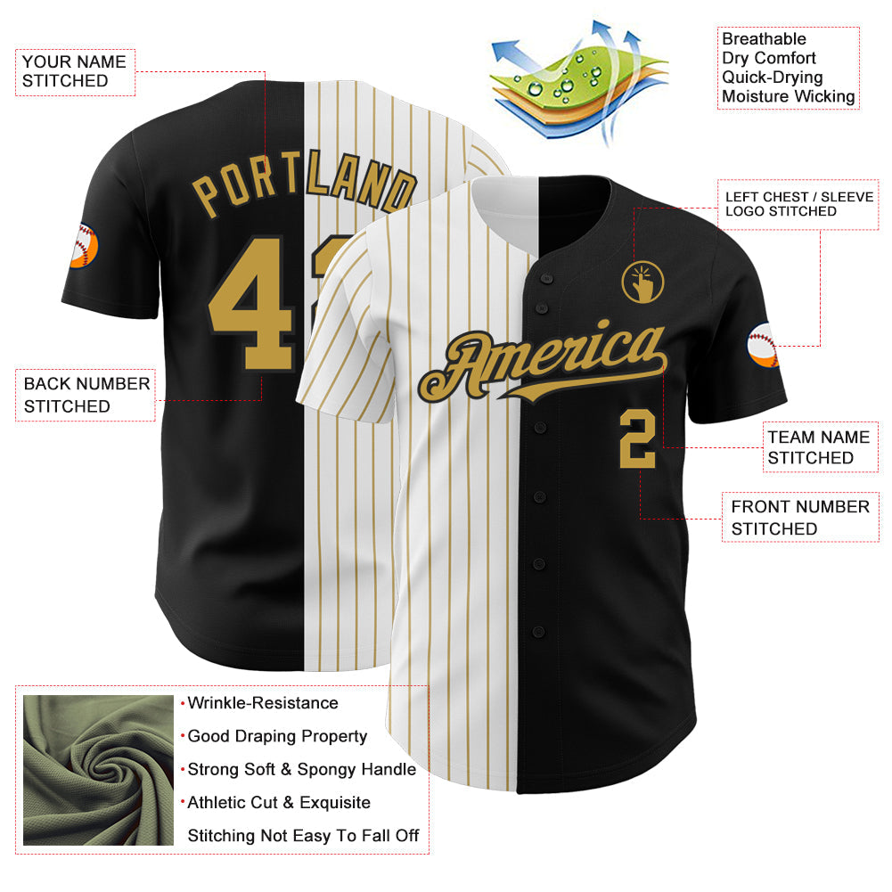 Custom Black White-Old Gold Pinstripe Authentic Split Fashion Baseball Jersey view 3