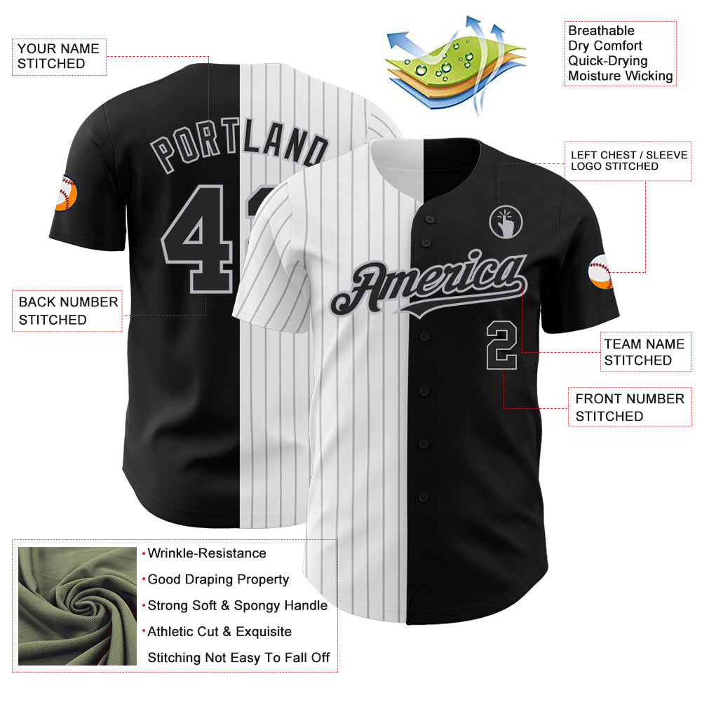 Custom Black White-Gray Pinstripe Authentic Split Fashion Baseball Jersey view 3