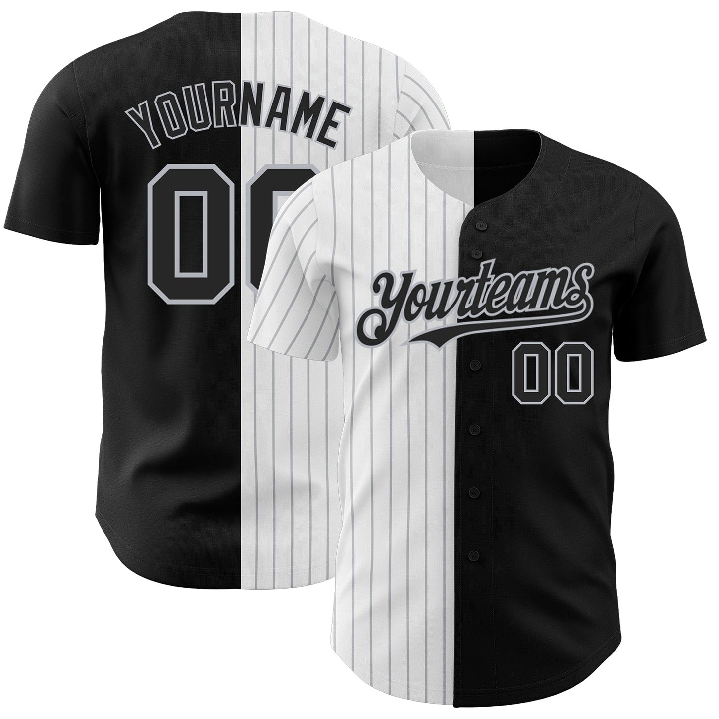 Custom Black White-Gray Pinstripe Authentic Split Fashion Baseball Jersey - Main View