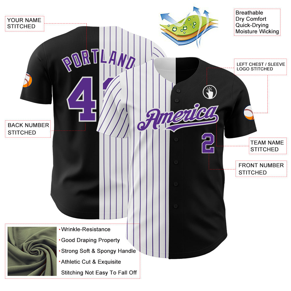 Custom Black White-Purple Pinstripe Authentic Split Fashion Baseball Jersey view 3