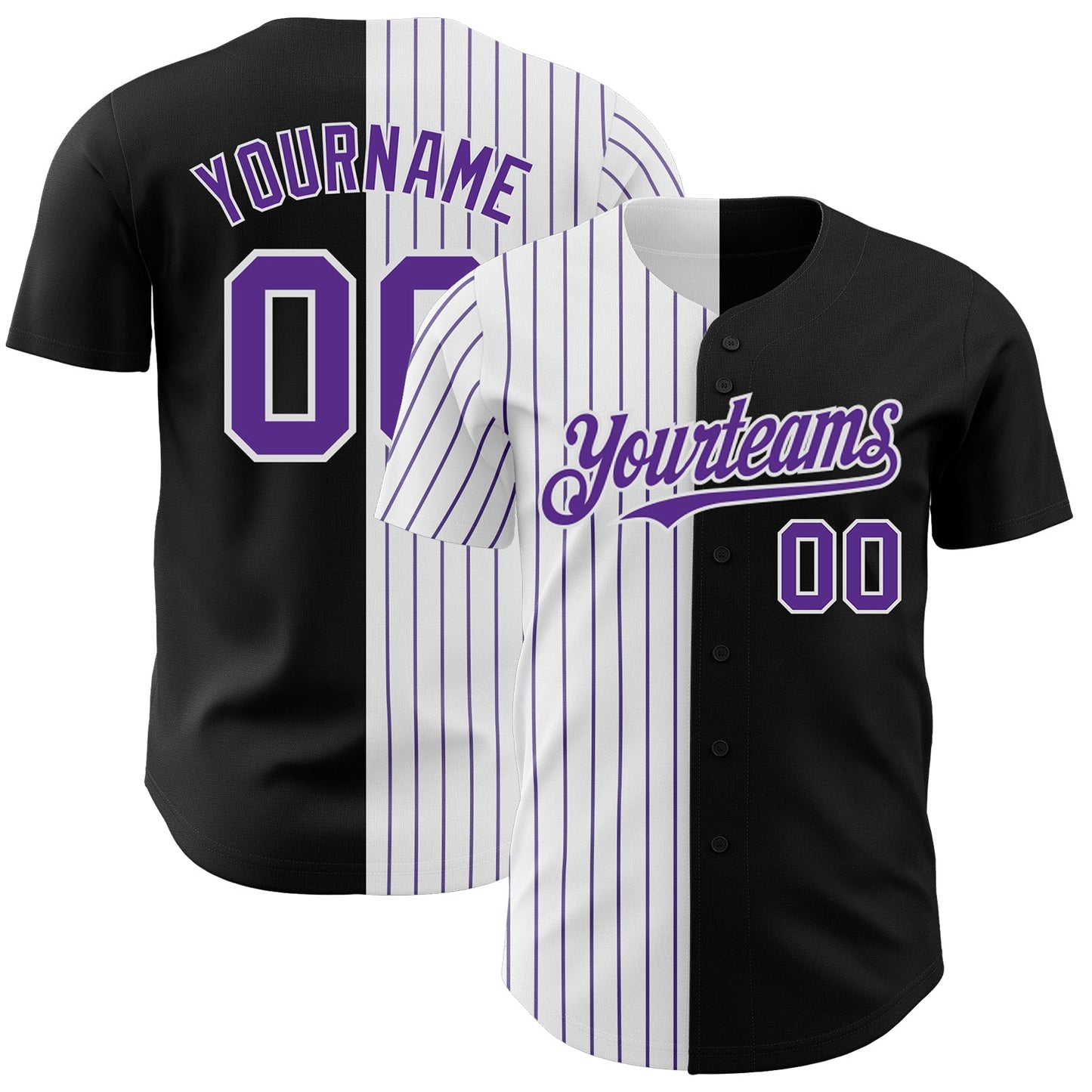 Custom Black White-Purple Pinstripe Authentic Split Fashion Baseball Jersey - Main View