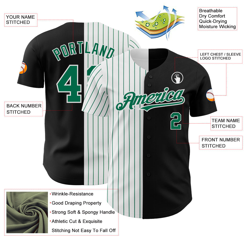 Custom Black White-Kelly Green Pinstripe Authentic Split Fashion Baseball Jersey view 3