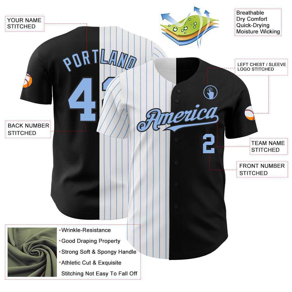 Custom Black White-Light Blue Pinstripe Authentic Split Fashion Baseball Jersey view 3