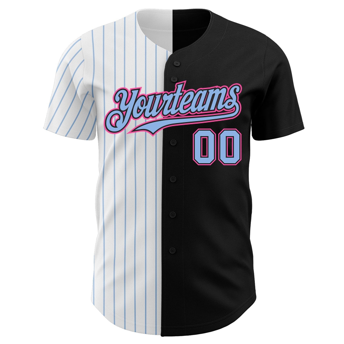 Custom Black Pink-Light Blue Pinstripe Authentic Split Fashion Baseball Jersey view 2