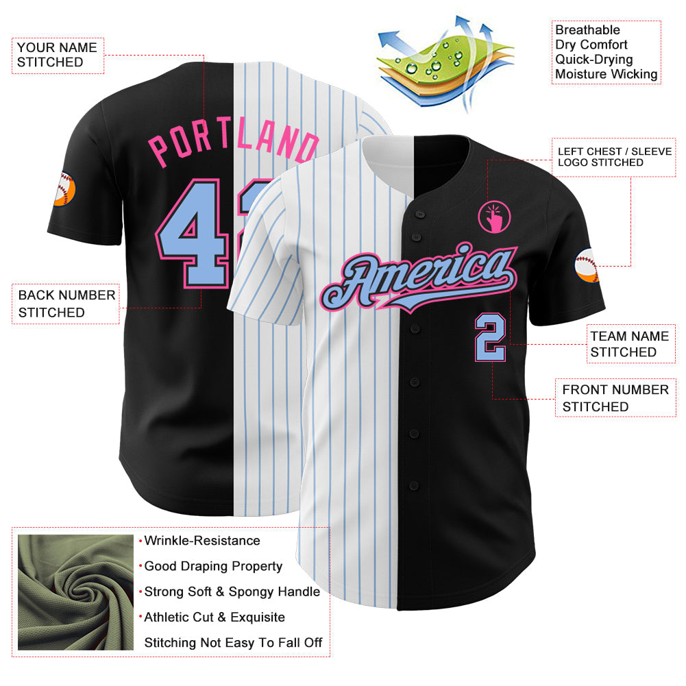 Custom Black Pink-Light Blue Pinstripe Authentic Split Fashion Baseball Jersey view 3