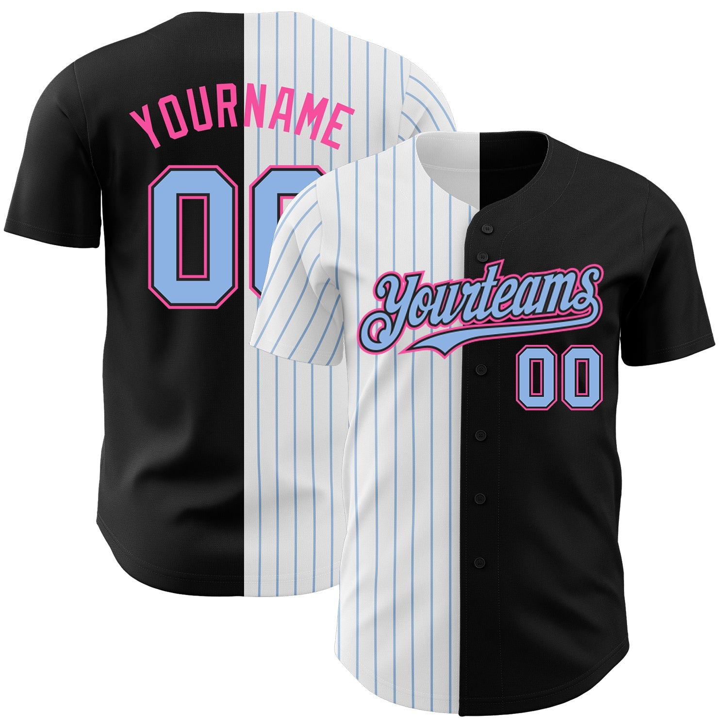 Custom Black Pink-Light Blue Pinstripe Authentic Split Fashion Baseball Jersey - Main View