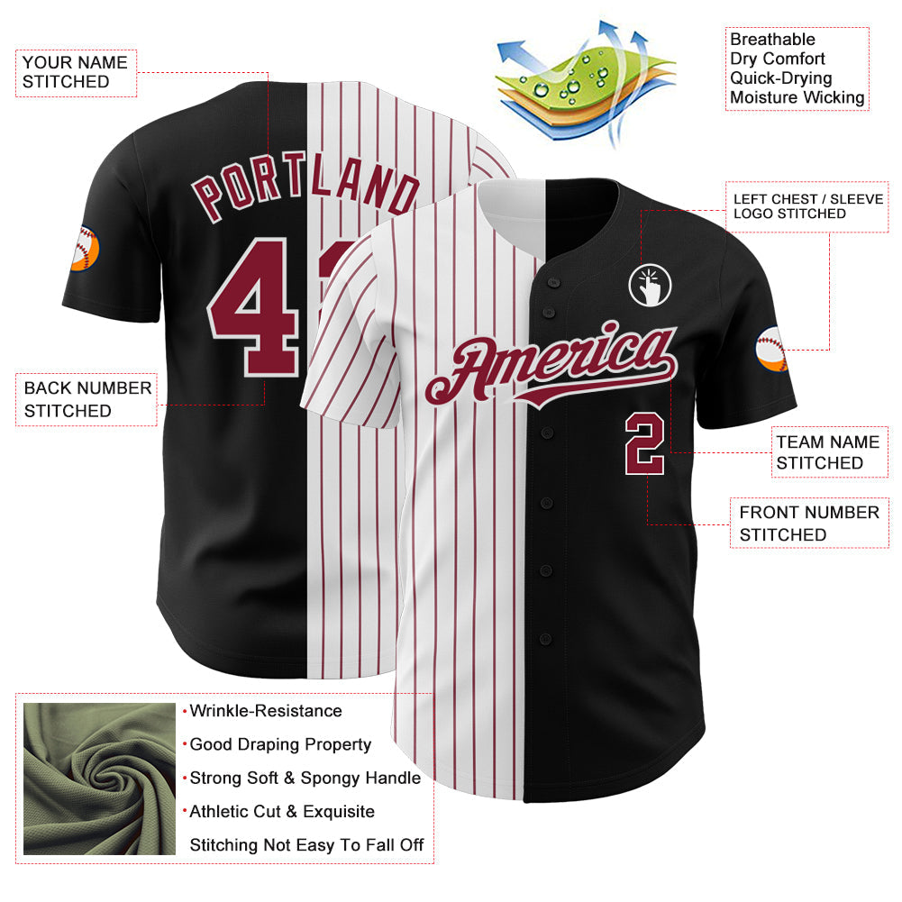 Custom Black White-Crimson Pinstripe Authentic Split Fashion Baseball Jersey view 3