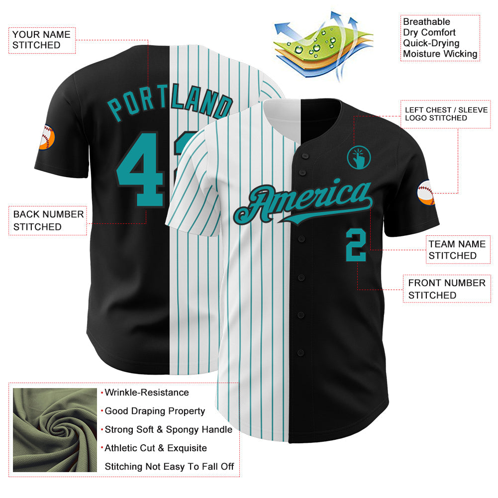 Custom Black White-Teal Pinstripe Authentic Split Fashion Baseball Jersey view 3