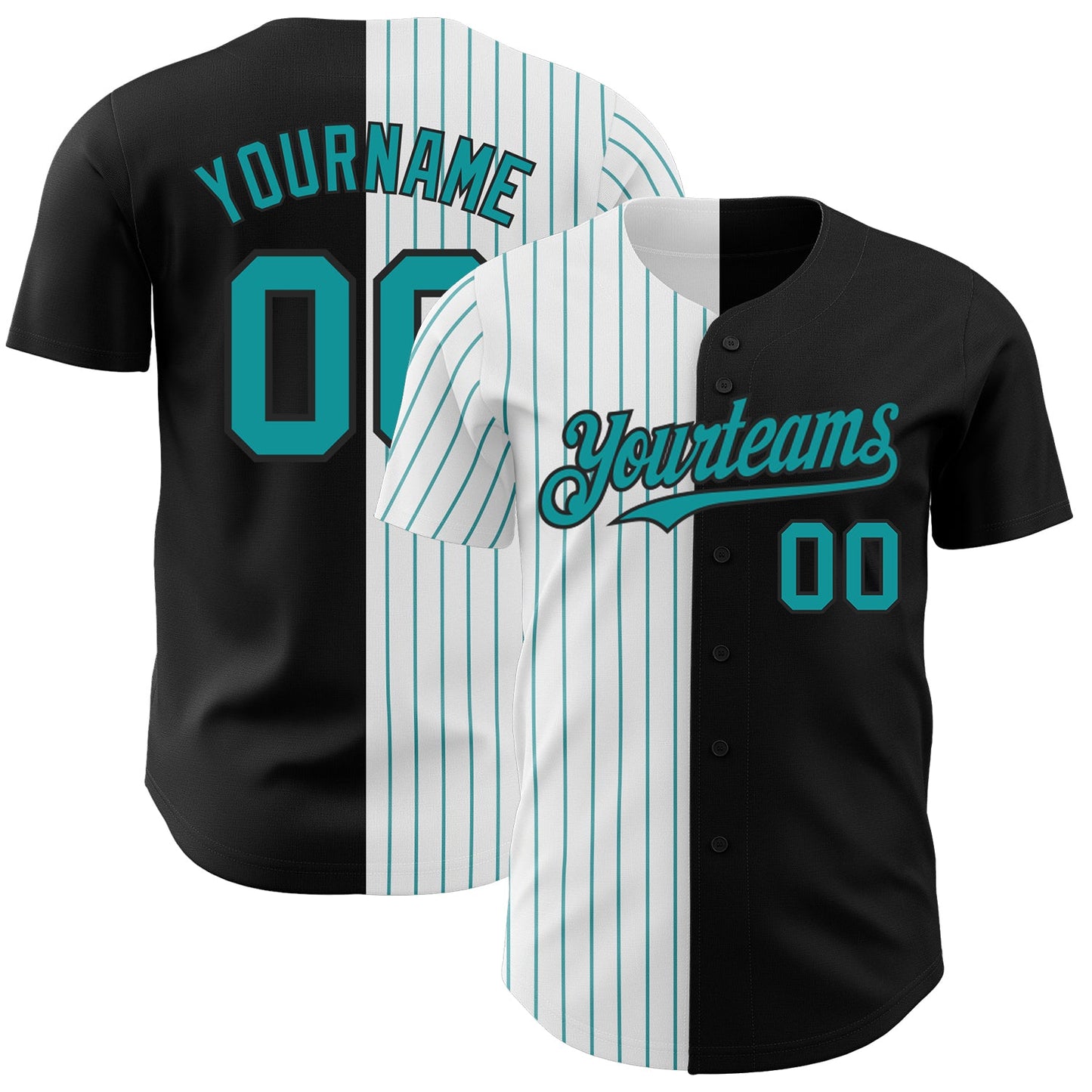 Custom Black White-Teal Pinstripe Authentic Split Fashion Baseball Jersey - Main View