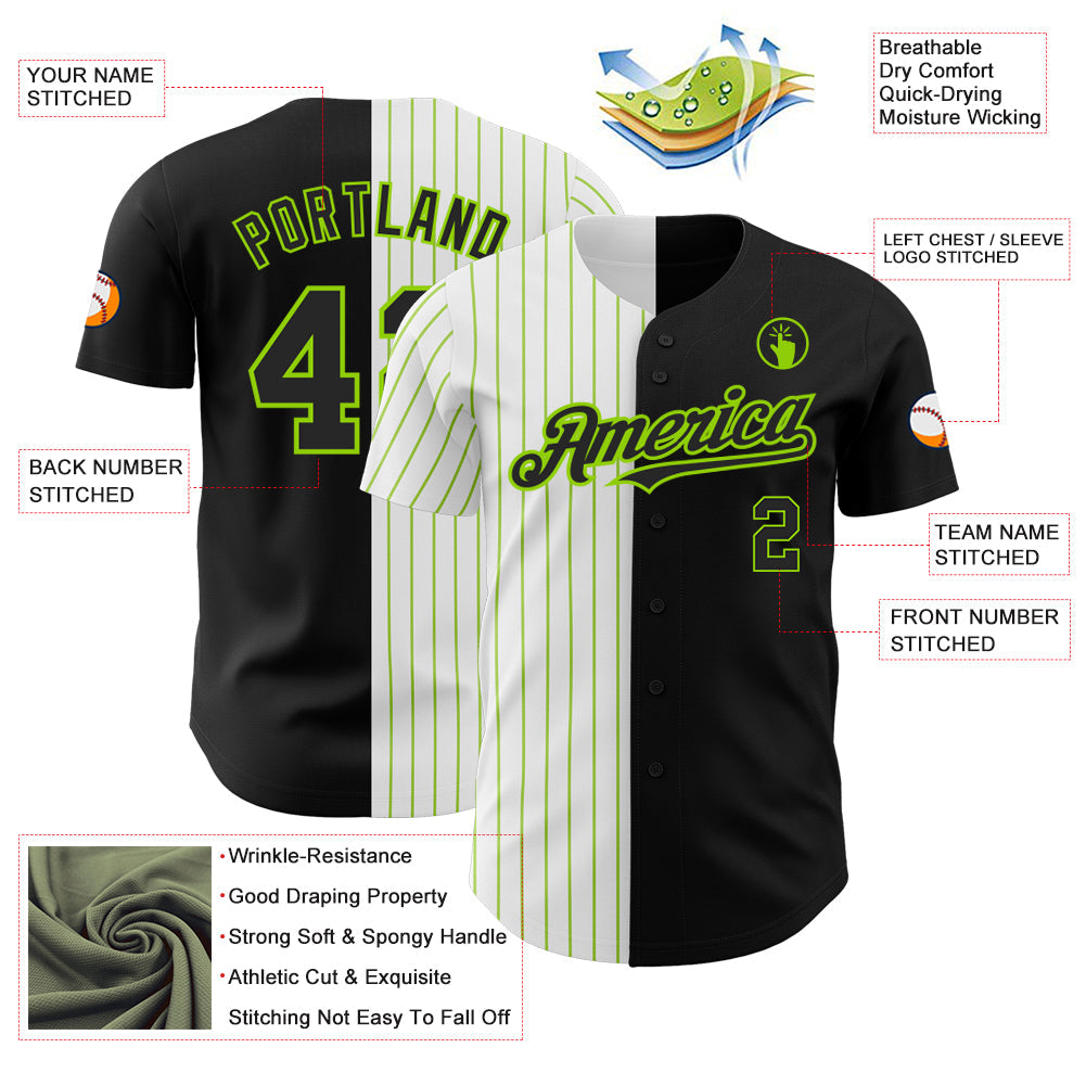 Custom Black White-Neon Green Pinstripe Authentic Split Fashion Baseball Jersey view 3
