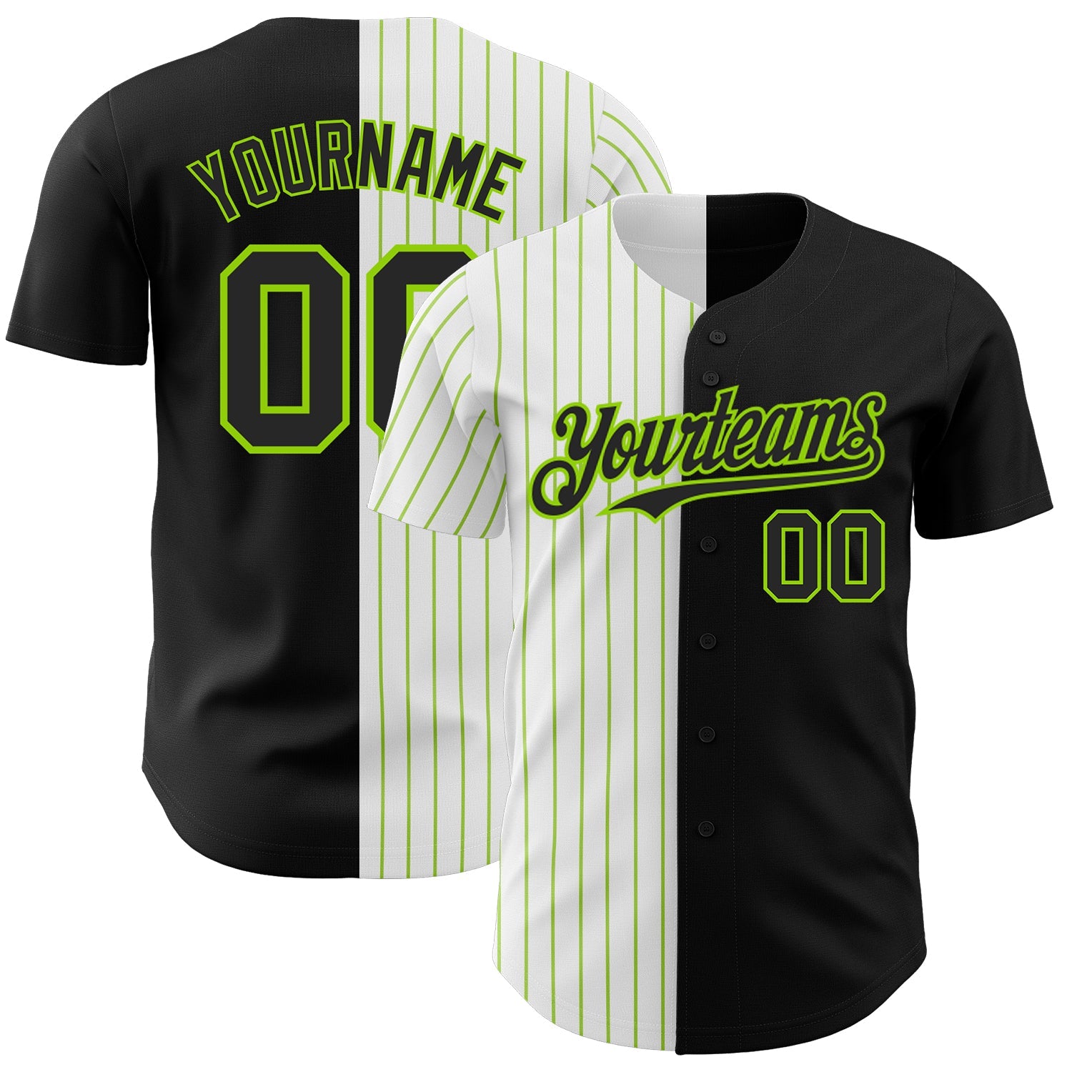 Custom Black White-Neon Green Pinstripe Authentic Split Fashion Baseball Jersey - Main View