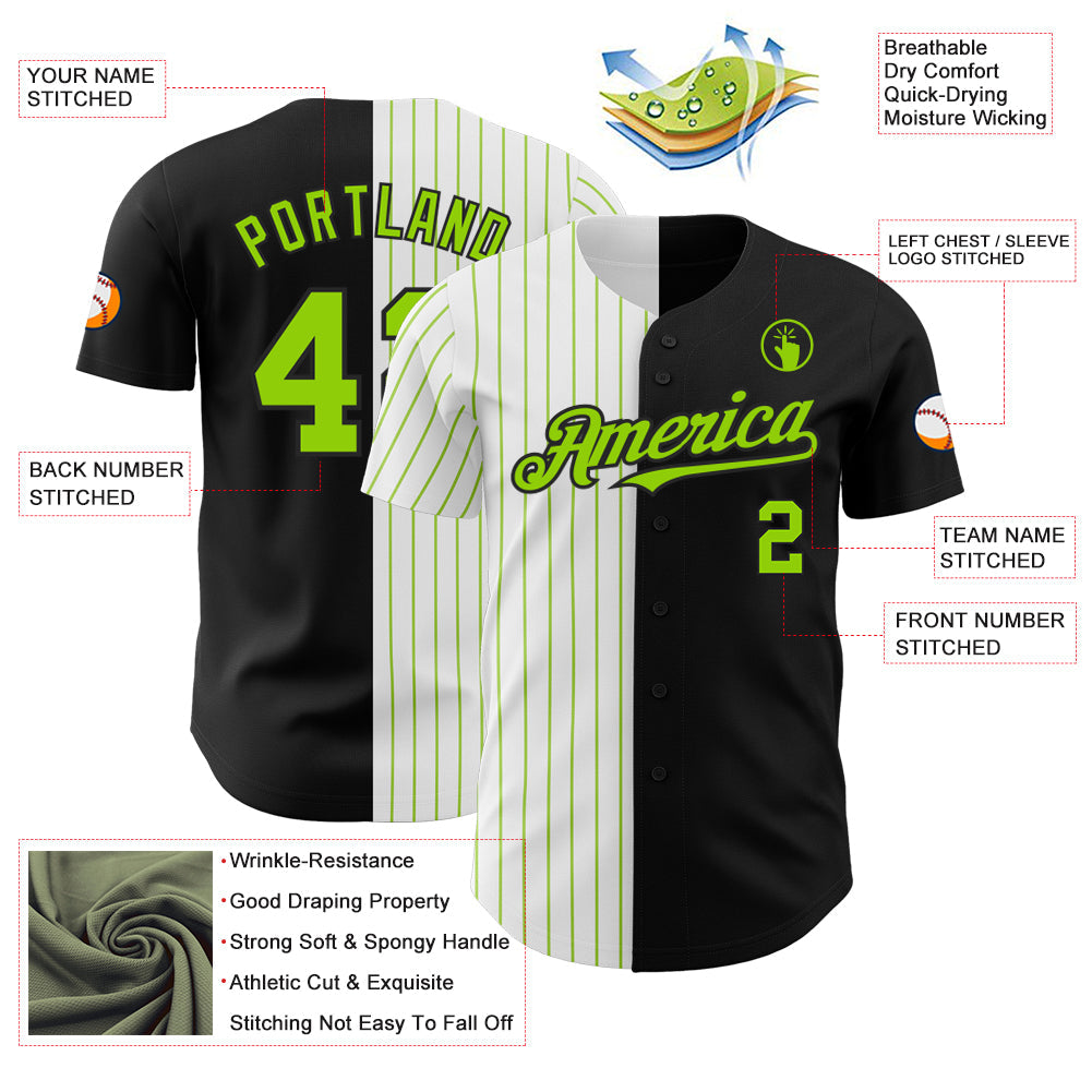 Custom Black White-Neon Green Pinstripe Authentic Split Fashion Baseball Jersey view 3