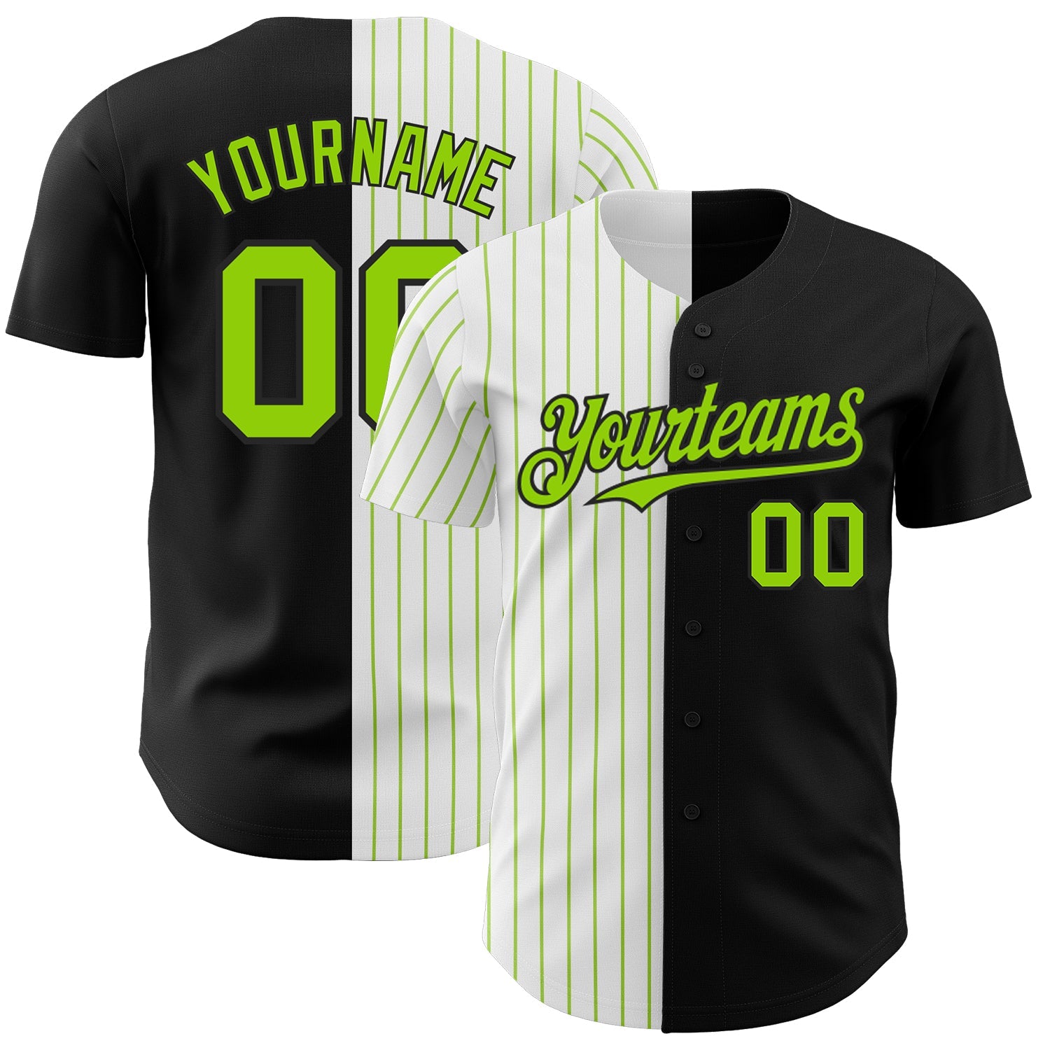 Custom Black White-Neon Green Pinstripe Authentic Split Fashion Baseball Jersey - Main View