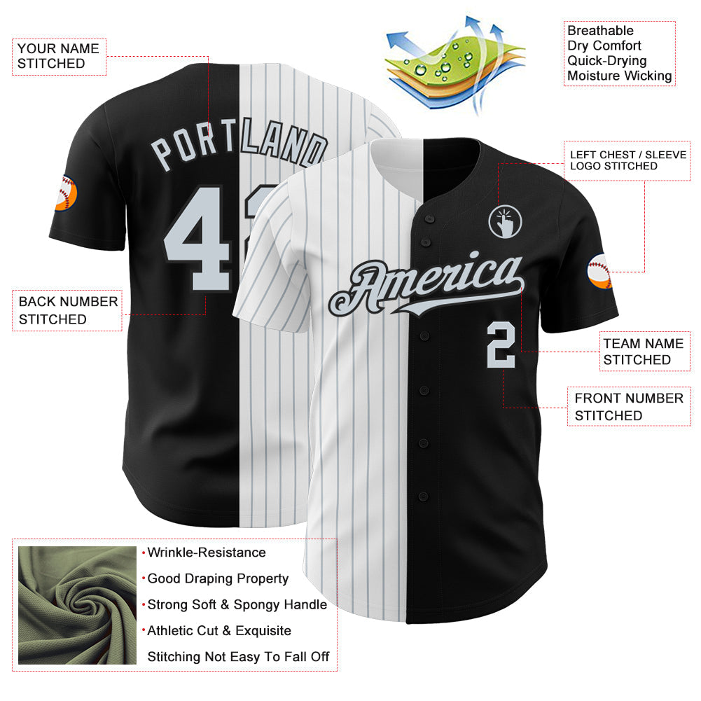 Custom Black White-Silver Pinstripe Authentic Split Fashion Baseball Jersey view 3