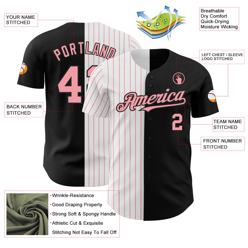 Custom Black White-Medium Pink Pinstripe Authentic Split Fashion Baseball Jersey view 3
