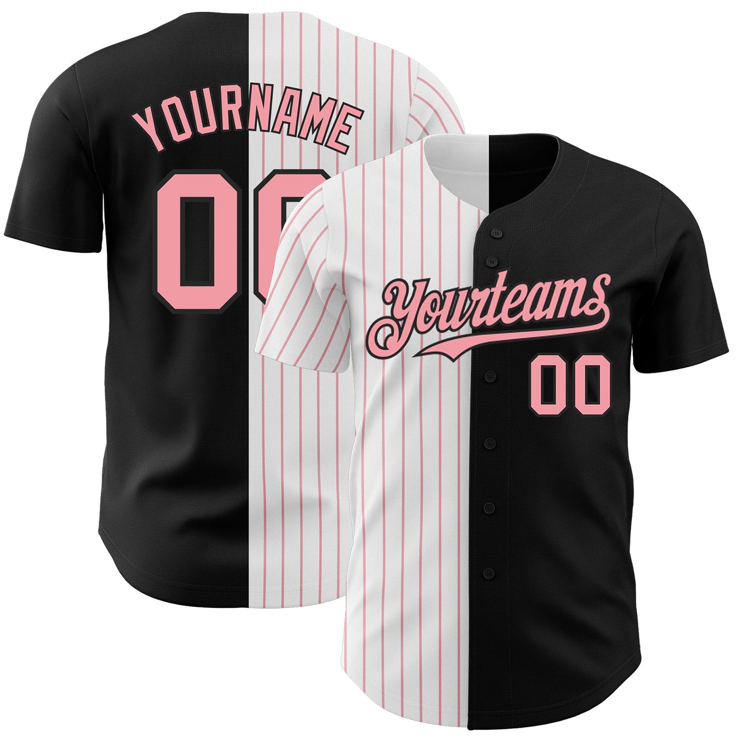 Custom Black White-Medium Pink Pinstripe Authentic Split Fashion Baseball Jersey - Main View