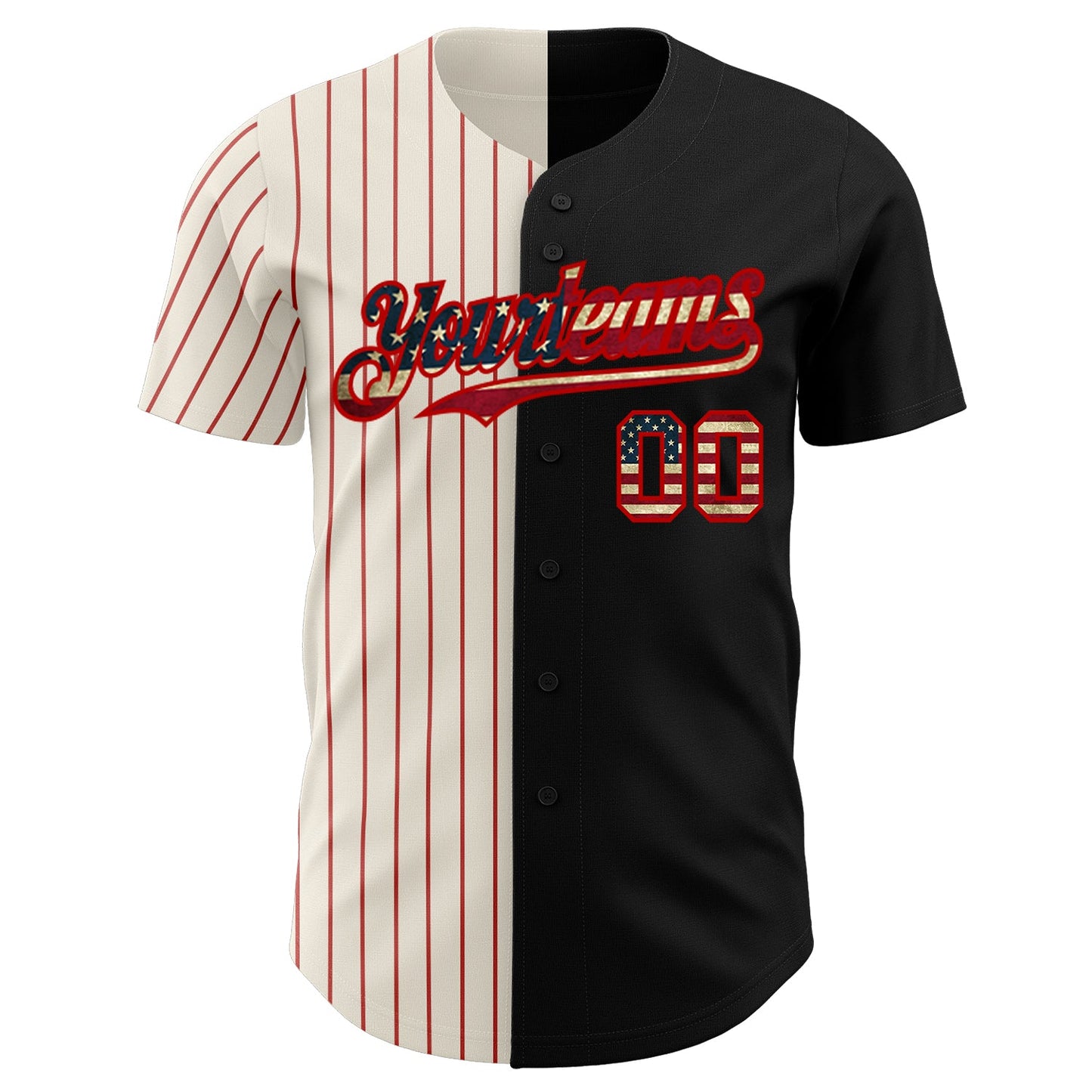 Custom Black Vintage USA Flag Cream-Red Pinstripe Authentic Split Fashion Baseball Jersey view 2