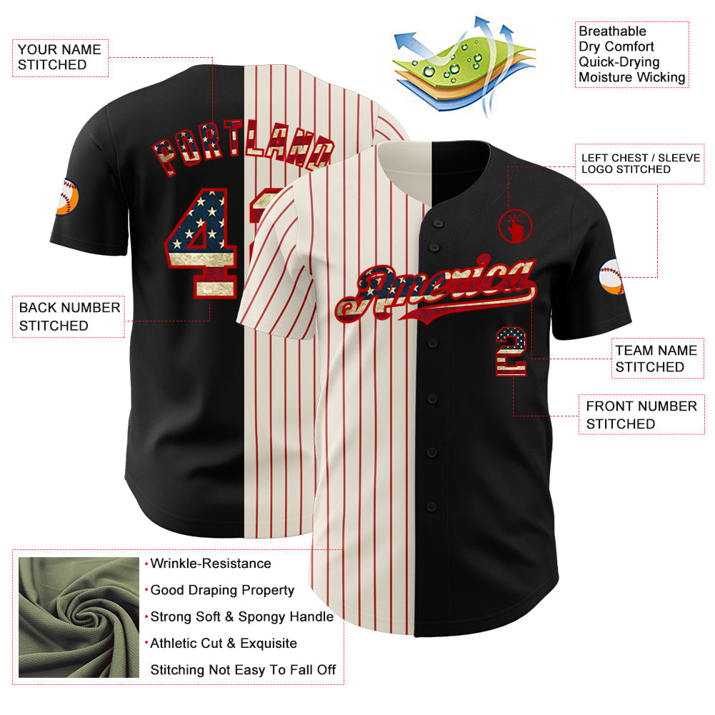 Custom Black Vintage USA Flag Cream-Red Pinstripe Authentic Split Fashion Baseball Jersey view 3