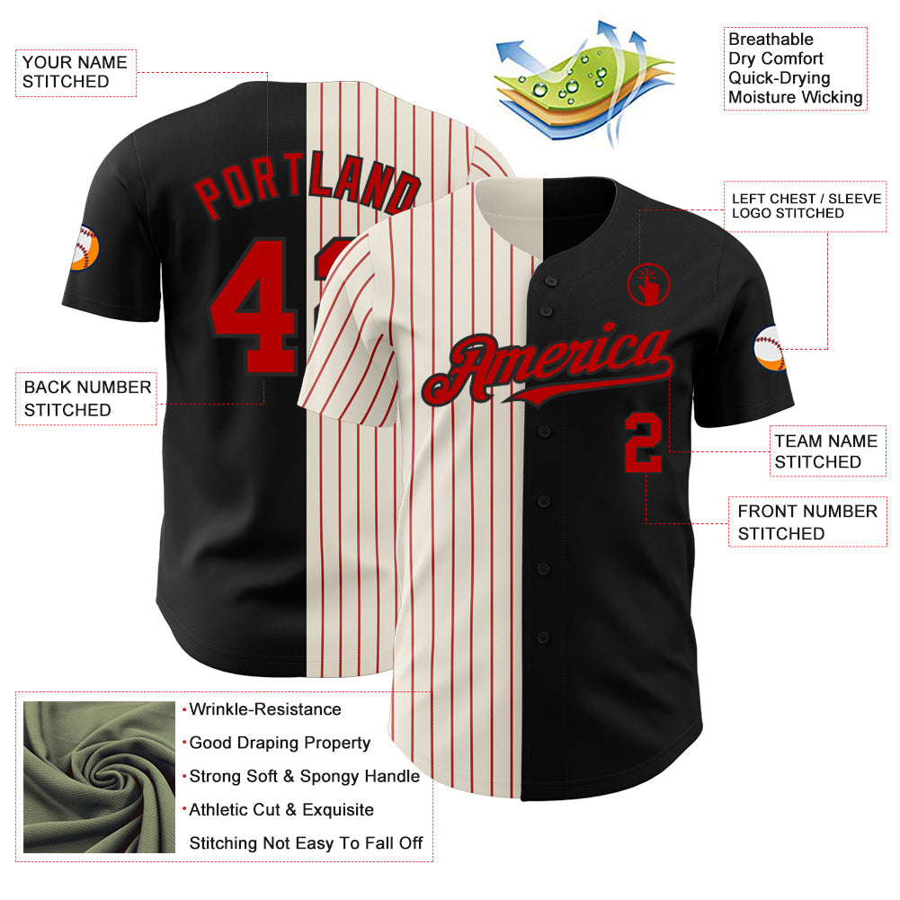 Custom Black Cream-Red Pinstripe Authentic Split Fashion Baseball Jersey view 3
