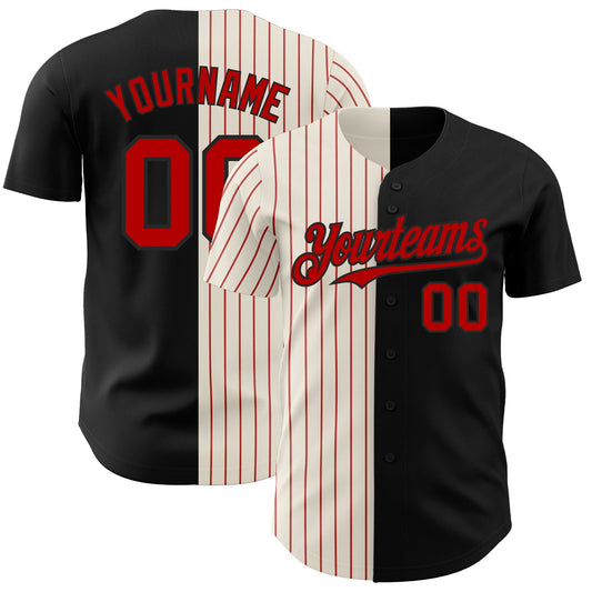 Custom Black Cream-Red Pinstripe Authentic Split Fashion Baseball Jersey - Main View