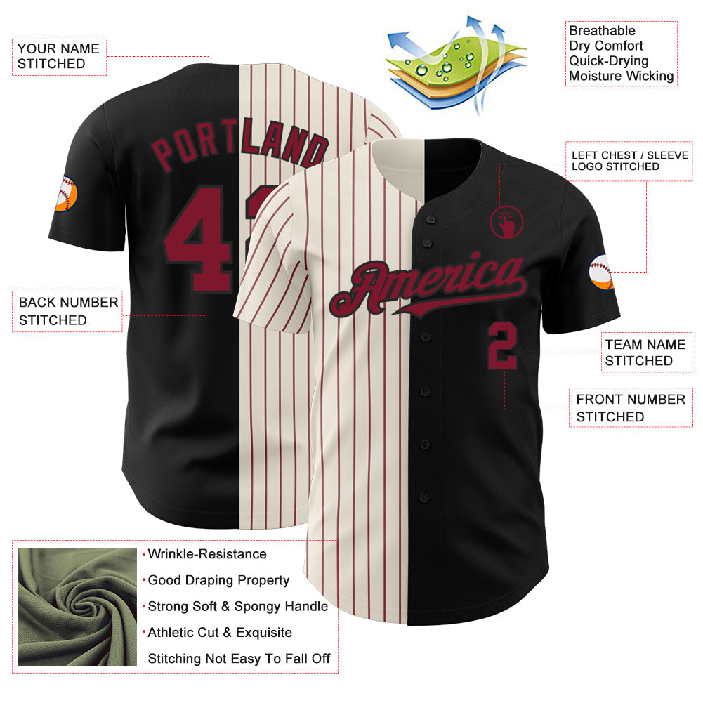 Custom Black Cream-Crimson Pinstripe Authentic Split Fashion Baseball Jersey view 3