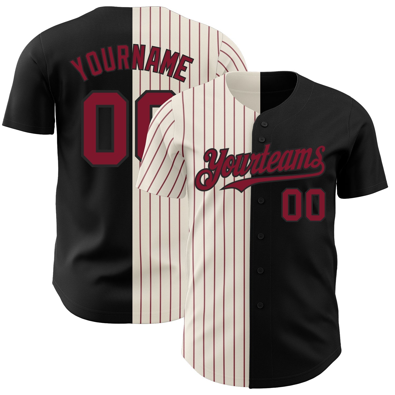 Custom Black Cream-Crimson Pinstripe Authentic Split Fashion Baseball Jersey - Main View