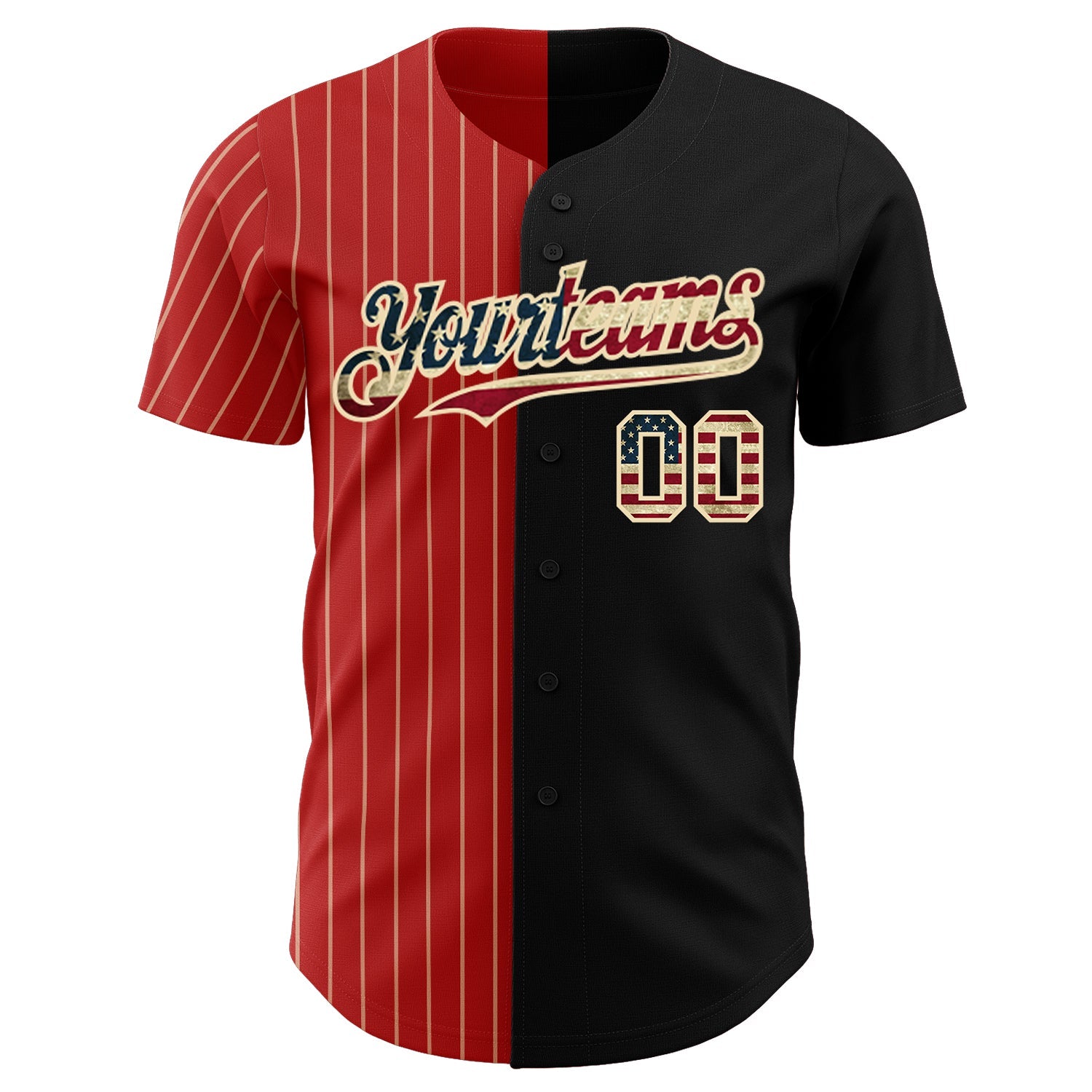 Custom Black Vintage USA Flag Red-Cream Pinstripe Authentic Split Fashion Baseball Jersey view 2