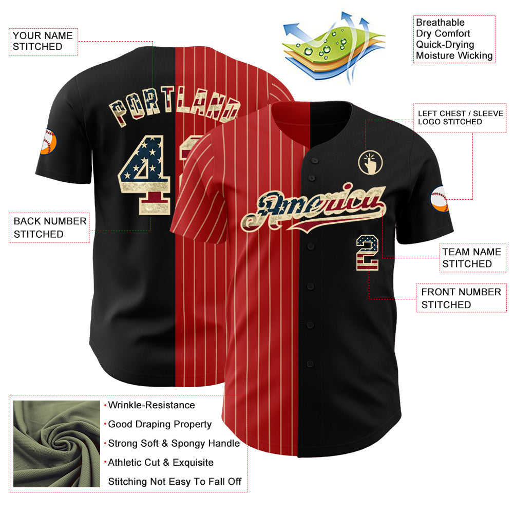 Custom Black Vintage USA Flag Red-Cream Pinstripe Authentic Split Fashion Baseball Jersey view 3