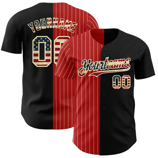 Custom Black Vintage USA Flag Red-Cream Pinstripe Authentic Split Fashion Baseball Jersey - Main View