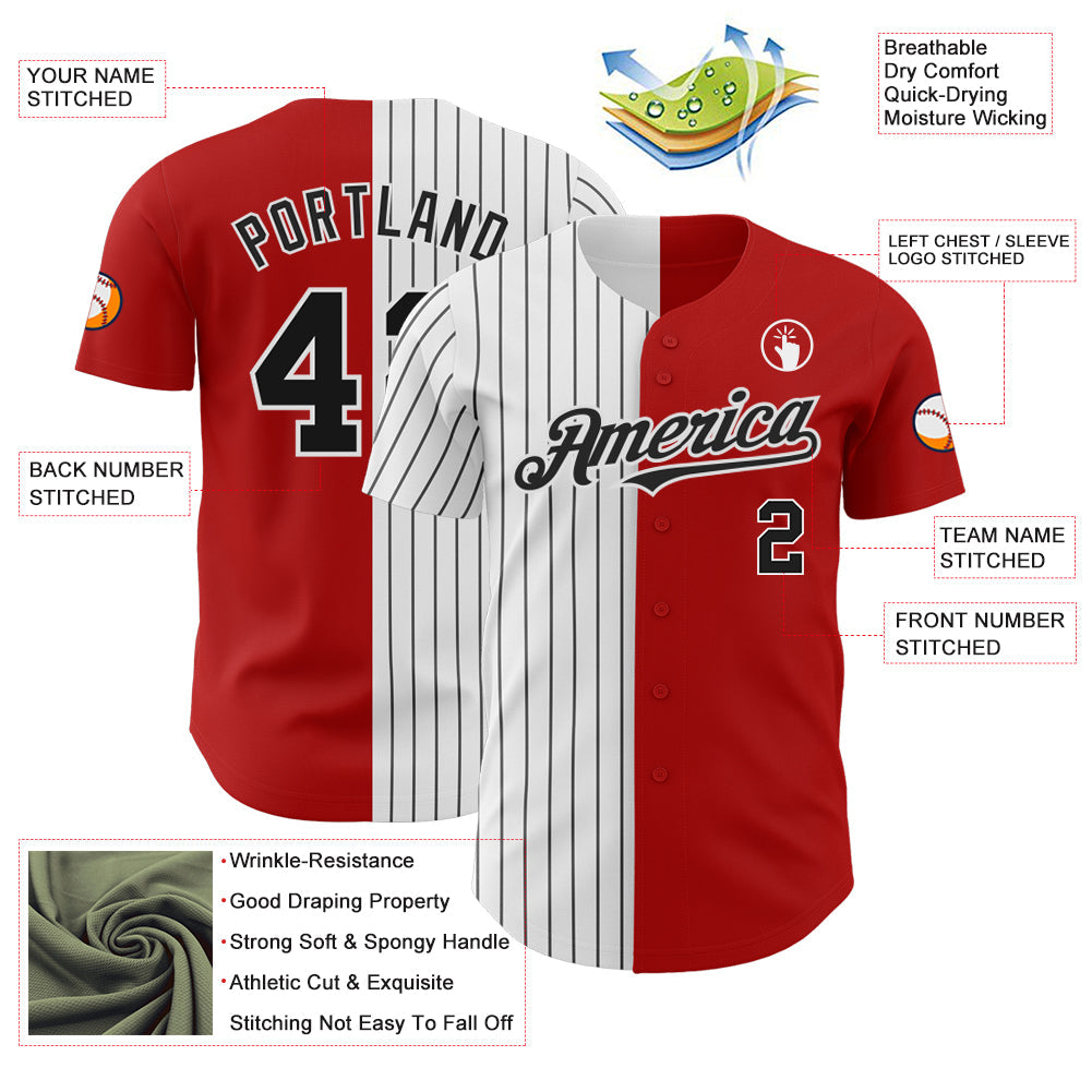 Custom Red White-Black Pinstripe Authentic Split Fashion Baseball Jersey view 3