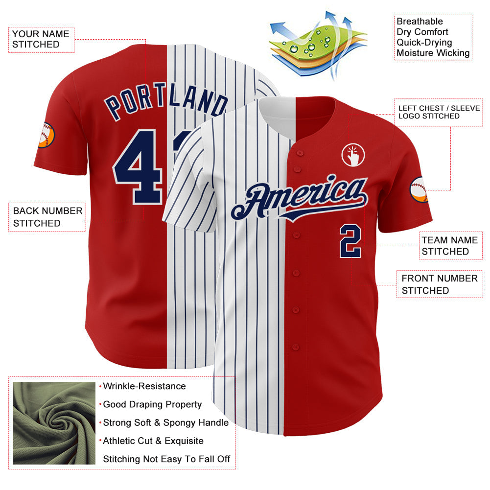 Custom Red White-Navy Pinstripe Authentic Split Fashion Baseball Jersey view 3