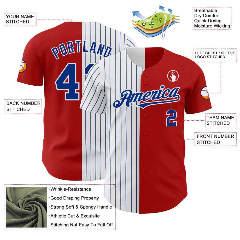 Custom Red White-Royal Pinstripe Authentic Split Fashion Baseball Jersey view 3