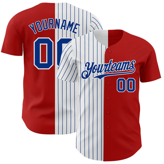 Custom Red White-Royal Pinstripe Authentic Split Fashion Baseball Jersey - Main View