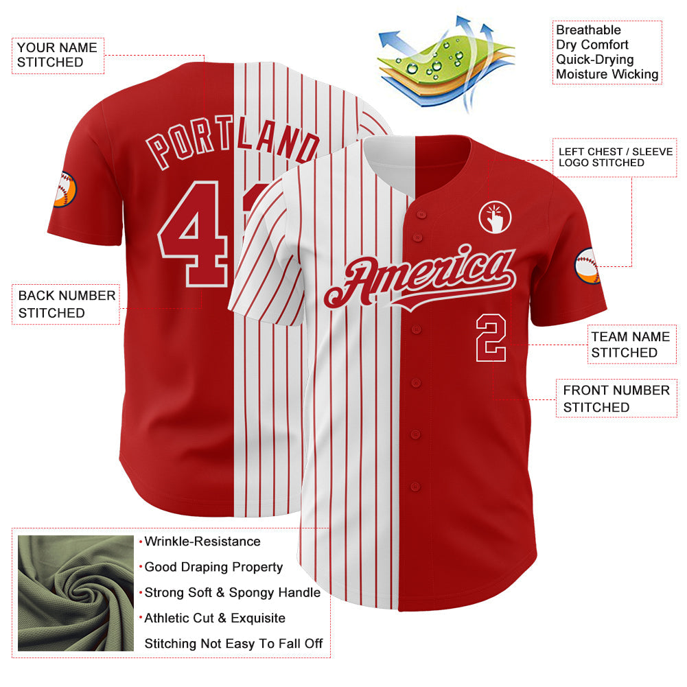 Custom Red White-Red Pinstripe Authentic Split Fashion Baseball Jersey view 3